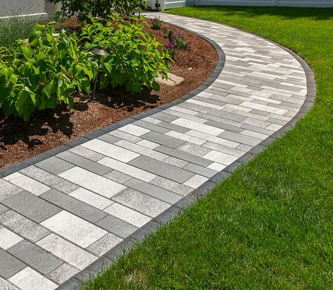 Pavers Walkway To Pool, Walk Way Paver Ideas, White Paver Walkway, Paver Walkway Patterns, Pavers Backyard Walkways, Paver Patio Walkway, Pavers Over Concrete Walkway, Walkway Pavers Ideas Paths, Curved Sidewalk To Front Door