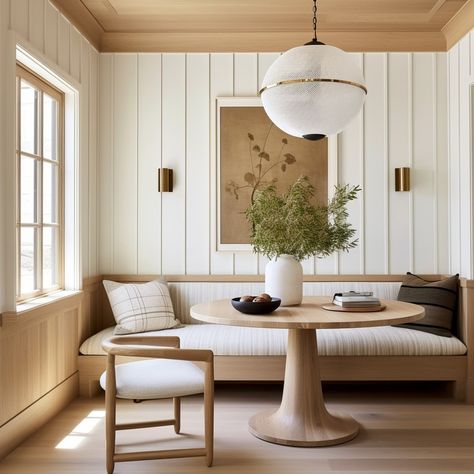 Wind The Key (@windthekey) • Instagram photos and videos Paneled Wall Dining Room, Breakfast Nook Wall Paneling, Banquette Seating With Oval Table, Corner Dining Nook Modern, Dining Nook Off Kitchen, Breakfast Nook Shiplap, Dining Room Near Kitchen, Breakfast Nook Beadboard, Window Seat In Dining Room