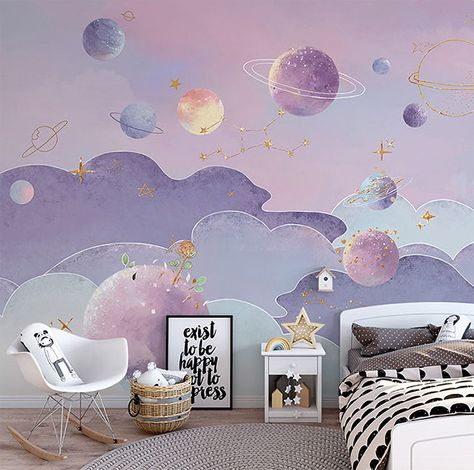 Purple Kids Room, Purple Girls Bedroom, Bedroom Purple, Space Themed Bedroom, Space Themed Room, Purple Bedrooms, Kids Bedroom Walls, Bedroom Murals, Inspired Interiors