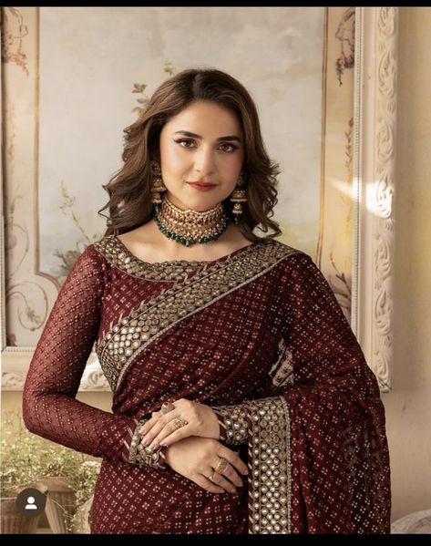 Yumna Zaidi Saree, Casual Bridal Dress, Maroon Saree, Wahaj Ali, Yumna Zaidi, Pakistani Dresses Online, Asim Jofa, Fashionable Saree Blouse Designs, Men's Fragrance