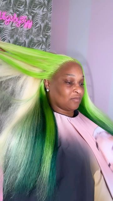 Blonde And Green Wig, Frontal Ideas, Coloured Wigs, Bun With Curls, Lace Braids, Green Wig, Frontal Hairstyles, Colored Wigs, Platinum Blonde Hair