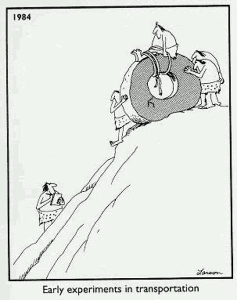 Early experiments in transportation Caveman Cartoon, The Far Side Gallery, Gary Larson Far Side, Gary Larson Cartoons, Far Side Cartoons, Far Side Comics, Gary Larson, Far Side, Science Humor