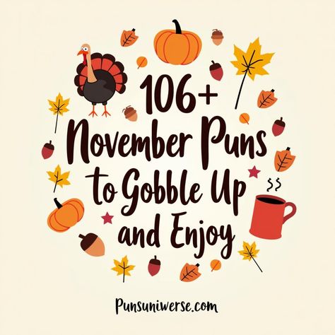 Feast your eyes on a cornucopia of laughs with "106+ November Puns to Gobble Up and Enjoy"! Whether you're a pun connoisseur or just looking to spice up your conversations like a pumpkin spice latte, this pin is stuffed with humor that's bound to tickle your funny bone. From turkey talk to fall follies, these puns are the apple pie of the pun world—crisp, sweet, and utterly delightful. Dive in and have a gourd time! 🍁🤣 #puns #ThanksgivingLaughs #FallFun #AutumnHumor #GobbleGobbleGiggles #WordPlay #PunTimeHun🎃 Pie Puns Funny, Thanksgiving Puns Funny, Turkey Pun, Pie Puns, Drinking Puns, Fitness Puns, Fall Puns, Bbq Quotes, Donut Pun