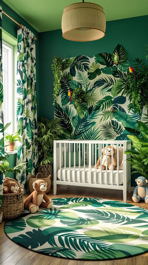 Nursery Room Ideas Tropical Jungle Nursery, Rainforest Nursery, Forest Baby Nursery, Jungle Theme Rooms, Nursery Room Ideas, Nordic Nursery, Room Decor Tips, Jungle Bedroom, Calm Nursery