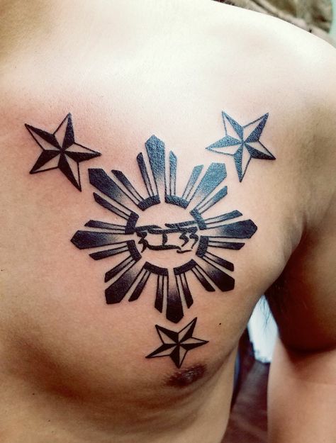 Filipino Sun And Stars Tattoo, Sun And Stars Tattoo, Filipino Star, Star Tattoo On Shoulder, Traditional Filipino Tattoo, Filipino Tattoo, Filipino Sun, Star Tattoo Meaning, Chris Garver