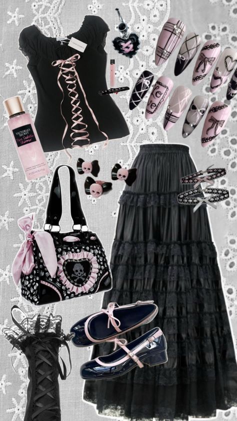 Black Lace Aesthetic, Pink Goth Outfits, Pink Punk Outfits, Goth Outfits Casual, Dark Feminine Style, Lace Aesthetic, Pink Emo, Black Alternative, Edgy Girls