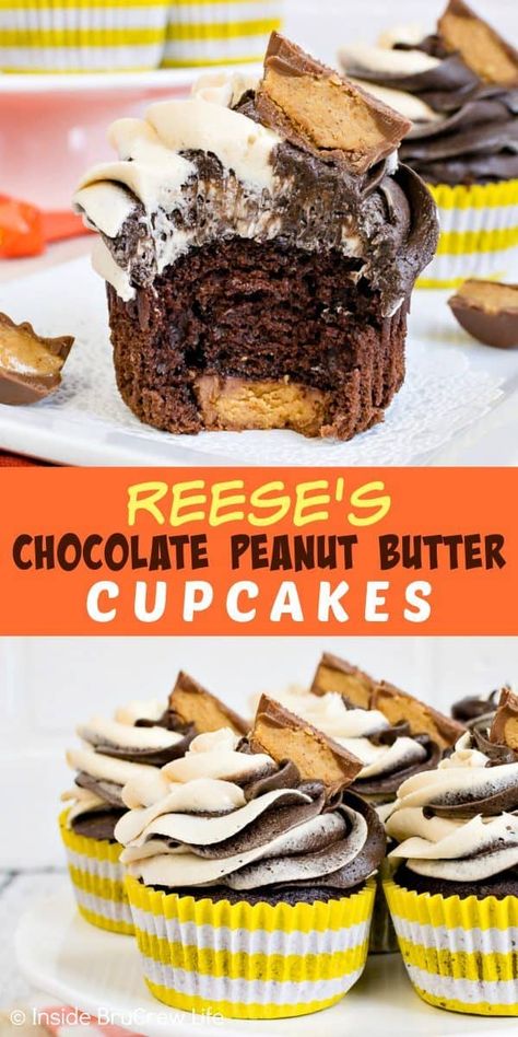 Reese's Chocolate Peanut Butter Cupcakes - swirls of homemade peanut butter and chocolate frosting and hidden peanut butter cups make this the perfect cupcake recipe for peanut butter lovers! #cupcakes #chocolate #peanutbutter #reeses #peanutbuttercups #frosting Reeses Peanut Butter Cupcakes, Perfect Cupcake Recipe, Paris Bakery, Butter Desserts, Crumble Cookie, Chocolate Peanut Butter Cupcakes, Chocolate Peanutbutter, Reese's Chocolate, Peanut Butter Cupcakes