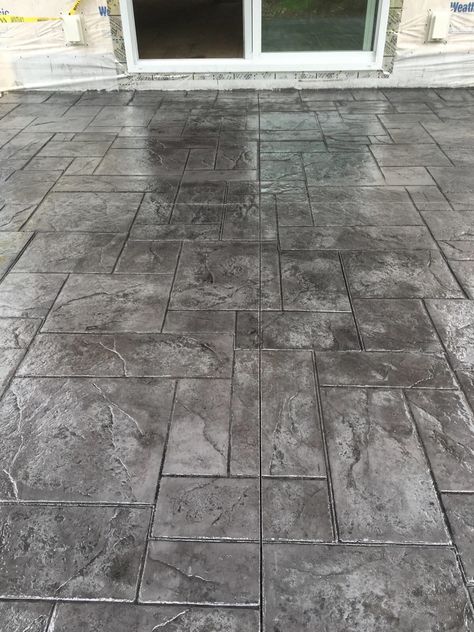 Stamped Concrete Patio Medium Grey Color with Black Release! Stamped Concrete Patio Designs, Stamped Concrete Patterns, Cement Projects, Patio Remodel, Cement Patio, Concrete Patio Designs, Concrete Patios, Colorful Patio, Stamped Concrete Patio