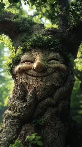 ↑↑↑ Larger size on website 🔸 The image shows a close-up of a tree trunk that has been shaped to resemble a smiling face. The tree Tree With Face, Trees With Faces, Tree People, Round Nose, Tree Faces, Tree Spirit, Closed Eyes, Art Creativity, Art Idea