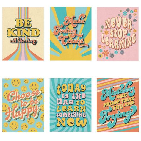 Give your space a retro vibe with these posters featuring positive messaging and retro designs. Great for 60s or 70s themed parties or other celebrations, these cool posters also look great as classroom decorations that will add a little positivity to the space. Add these wall decorations to any space to make the area a little groovier. Cardstock. (6 pcs. per unit) 16" x 20 3/4" © OTC"These posters are the perfect addition to my groovy classroom decor! They are a great size and take up the perfe 70s Groovy Classroom, 70s School Theme, Retro Disco Classroom Theme, 70s Classroom Theme, Hippie Classroom Theme, Groovy Retro Classroom Theme, 70s Classroom Decor, Hippie Classroom, Retro Classroom Theme