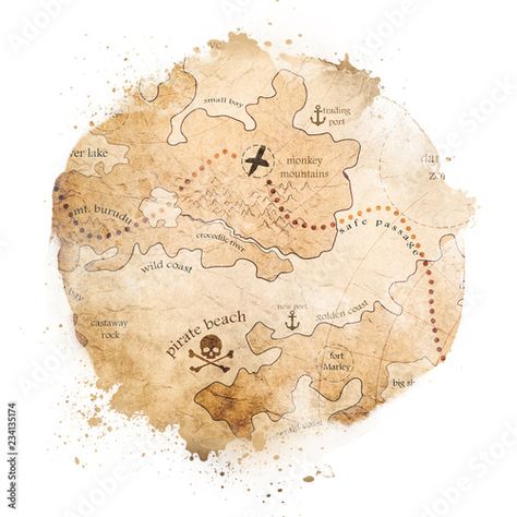 Treasure Map Illustration, Map Illustration, Treasure Map, Treasure Maps, Illustrated Map, Treasure Boxes, Treasure Hunt, Children Illustration, Adobe Stock