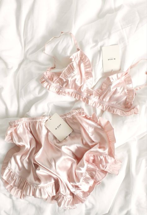 Lingerie, underwear, pink, silky, flatlay, bed, inspo Pastel Lingerie, Spring Lingerie, Flower Moon, Lingerie Shower, Silk Lingerie, Pink Lingerie, Moon Goddess, Pink Princess, Book Decor