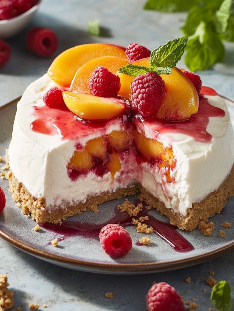 Summer Bliss Peach and Raspberry Cheesecake Delight 🍰🍑  Dive into a slice of paradise with our Summer Bliss Peach and Raspberry Cheesecake Delight—freshness in every bite! 🌞✨  𝗜𝗻𝗴𝗿𝗲𝗱𝗶𝗲𝗻𝘁𝘀: For the Crust: 1 1/2 cups crushed digestive biscuits 🍪 1/3 cup unsalted butter, melted 2 tablespoons granulated sugar  𝗙𝗼𝗿 𝘁𝗵𝗲 𝗖𝗵𝗲𝗲𝘀𝗲𝗰𝗮�𝗸𝗲 𝗠𝗶𝘅𝘁𝘂𝗿𝗲: 4 cups cream cheese, softened 1 cup granulated sugar 2 teaspoons pure vanilla extract 4 large eggs 🥚 1 cup sour cream 🥄 Cheesecake Deserts, Cheesecake Delight, Cheesecake Mixture, Peach Cheesecake, Pastries Recipes Dessert, Dessert Recipies, Night Food, Digestive Biscuits, Pure Vanilla