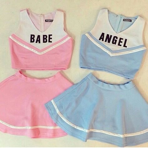 I love these cheerleading outfits. So cute Diy Cheerleader Costume, Cheerleader Costume, Cheer Outfits, Best Friend Outfits, Bff Outfits, Cheerleading Outfits, Friend Outfits, Kawaii Clothes, Powerpuff Girls