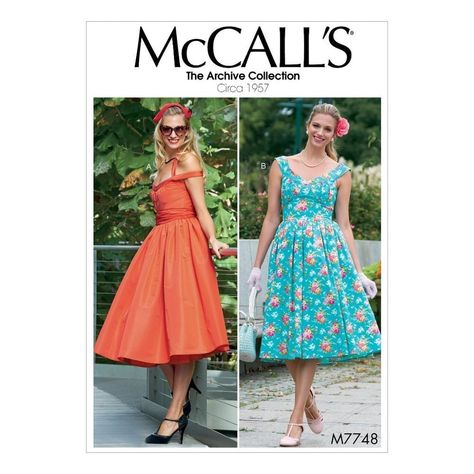 Mccall's Sewing Pattern Misses Dress Cummerbund Lined Dresses Have Neckline Variations, Attached Petticoat, Gathered Skirt, And Invisible Zippers. A: Fitted Bodice. Gathered Cummerbund Has Hook And Eye Closures. B: Close-Fitting Bodice. Circa 1957 Original Style Fabrics: Cotton Blends, Shantung, Taffeta, Sateen. Petticoat: Netting. Lining: Lining Fabrics. Note: Fabric Requirement Allows For Nap, One-Way Design Or Shading. Extra Fabric May Be Needed To Match Design Or For Shrinkage. Size: Womens Neckline Variations, Mccalls Patterns Dress, Sundress Pattern, Sewing Vintage, Vestidos Retro, Retro Style Dress, Robes Vintage, Pattern Dress Women, Vintage Dress Patterns