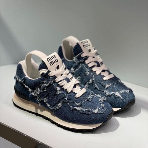 Miu Miu Shoes Sneakers, Miu Miu New Balance, Miu Miu Sneakers, Jordan Shoes Girls, Pretty Shoes Sneakers, Denim Sneakers, Funky Shoes, Miu Miu Shoes, Fancy Shoes