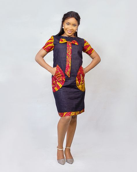 Ankara and Jeans shift dress Jeans With Ankara Patches, Ankara And Jeans, Ankara Shift Dress, What's App, Jeans Material, Jeans Dress, Ankara, Fascinator, Shift Dress