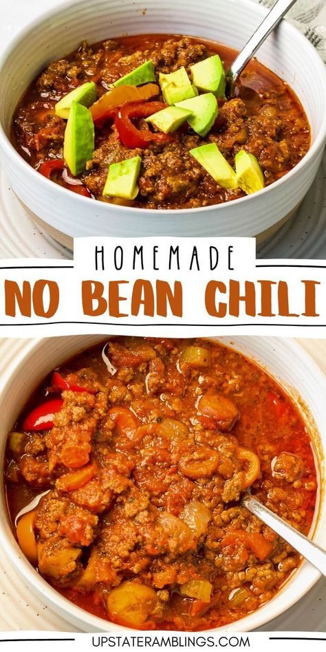 No Bean Chili Crockpot Chili No Beans, Chili No Beans Recipe, Chili With No Beans, Chili No Beans, Easy Crockpot Chili, Chili Bean, Bean Chili Recipe, Crockpot Chili, Slow Cooker Recipe