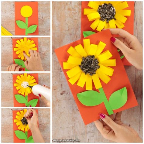 Paper Loops Sunflower Craft With Seeds - Easy Peasy and Fun Sunflower Art Project, Flower Vase Crafts, Sunflower Crafts, Plastic Bottle Flowers, Vase Crafts, Wall Hanging Crafts, Fall Crafts For Kids, Art N Craft, Crafts For Kids To Make