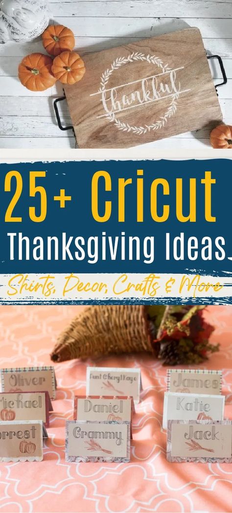 We love Thanksgiving around here, and it can be such a fun holiday to craft for. Here is a collection of over 20 Cricut Thanksgiving ideas - crafts, t-shirts, decor, and more! Thanksgiving Cricut Crafts, Cricut Thanksgiving Projects, Cricut Thanksgiving, Thanksgiving Centerpieces Diy, Family Tree Craft, Circuit Crafts, Thankful Tree, Thanksgiving Table Runner, Cricket Projects