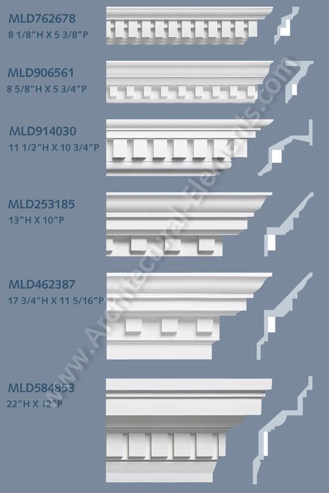 Polyurethane dentil crown mouldings add distinction to interior and exterior design. Exterior Moulding Ideas, Cornice Design Exterior, Dentil Molding Exterior, Georgian Crown Molding, Dental Crown Molding, Exterior Dentil Molding, Victorian Molding And Trim, Colonial Crown Molding, Colonial Trim Interior