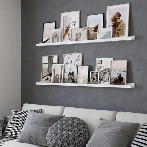 Living Room Mirror Above Couch Shelves, Floating Shelves Living Room Around Picture, Ikea Picture Ledge Home Office, Photo Shelf Dining Room, Ikea Picture Ledge Long, Photo Ledge Display Ikea, Picture Frames On Wall Shelf, Three Photo Shelves, Pucture Shelf