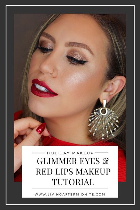 Holiday Makeup: Glimmer Eyes and Red Lips Makeup Tutorial by Beauty Blogger Jackie Giardina Red And Silver Glitter Makeup, Silver Makeup Red Lips, Red Lip Holiday Makeup, Red Glitter Lips Makeup Look, Red Lip Silver Eye Makeup, Crayon Doodles, Lips Makeup Tutorial, Red Lips Tutorial, Golden Eye Makeup