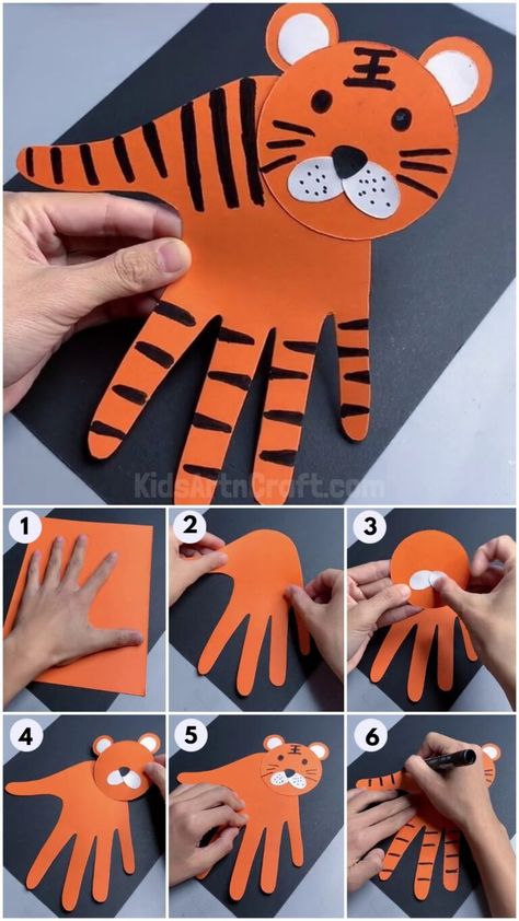 DIY Handprint Tiger Easy Craft For Kids - Kids Art & Craft How To Make A Tiger Craft, Tiger Handprint Craft, Tiger Art Preschool, Handprint Animal Crafts, Tiger Day Activities For Kids, Tiger Art And Craft, Tiger Preschool Craft, Tiger Activities For Preschool, Tiger Crafts For Preschool