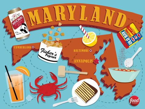 From crab cakes to Cow Tales, here's where to find the Old Line State's best bites. State Recipes, Cow Tales, Dc Food, American Foods, Fenwick Island, Homeschool Geography, Usa Food, State Foods, 17th Century Art