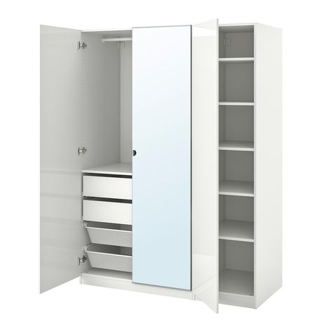 PAX / FARDAL/VIKEDAL Wardrobe combination - high gloss white/mirror glass - IKEA Open Dresser, Powder Coating Wheels, Dressing Ikea, Pax Planner, Armoire Pax, Armoire Ikea, Pax System, Integrated Lighting, Corner Wardrobe