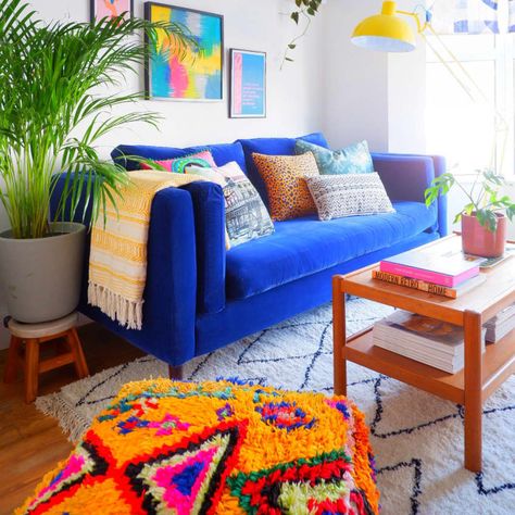 Browse Photos | Apartment Therapy Bright Blue Couch, Living Room Vibes, Colorful Maximalist Decor, Blue Couch Living Room, Maximalist Living Room, Sofa Workshop, Greek Decor, Colourful Living Room Decor, Wooden Sofa Set Designs