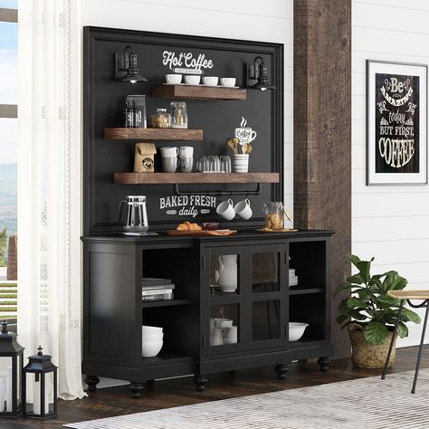 Davis Farmhouse Black Home Coffee Bar Station Coffee Station Cabinet Modern, Coffee Bar Ideas With Chalk Wall, Black Coffee Nook, Industrial Coffee Bar Station, Caffe Station Bar Ideas, Coffee Bar With Hutch, Black Wall Coffee Bar, Farmhouse Beverage Station, Beachy Coffee Bar