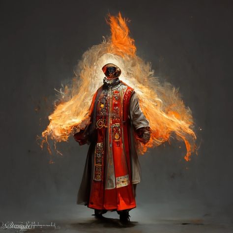 A priest dressed in white and red robes standing in front of a gray backdrop with flames burning behind the upper half of their body Fire Priest Art, Fire Priest, Fire Cult, Tormented Soul, Warrior Priest, Warlock Dnd, Ancient Vampire, Npc Ideas, Dark Warrior