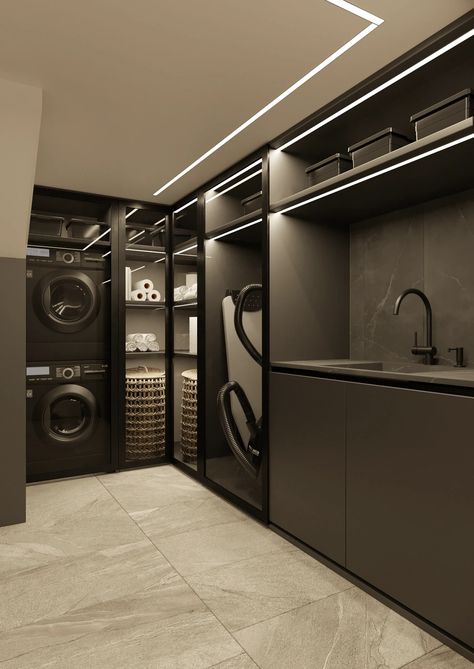 Modern Washing Room, Industrial Modern Laundry Room, Laundry Room Modern Luxury, Store Room Ideas For The Home, Luxury Utility Room, Big House Interior Design, Laundry Room Inspo Modern, Rich Modern House Interior, Dream Utility Room