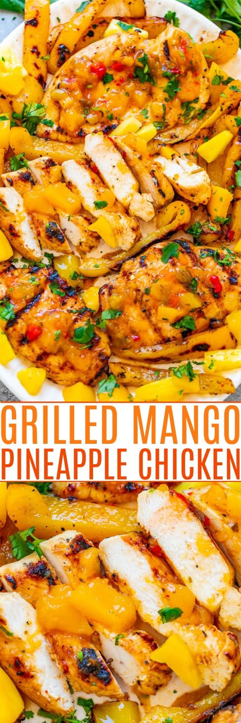 Easy Grilled Pineapple Chicken Recipe - Averie Cooks Vegetarian Recipes Thanksgiving, Germany Recipes, Grilled Mango, Pineapple Chicken Recipe, Grilled Pineapple Chicken, Pineapple Chicken Recipes, Averie Cooks, Grilled Peppers, Mango Pineapple