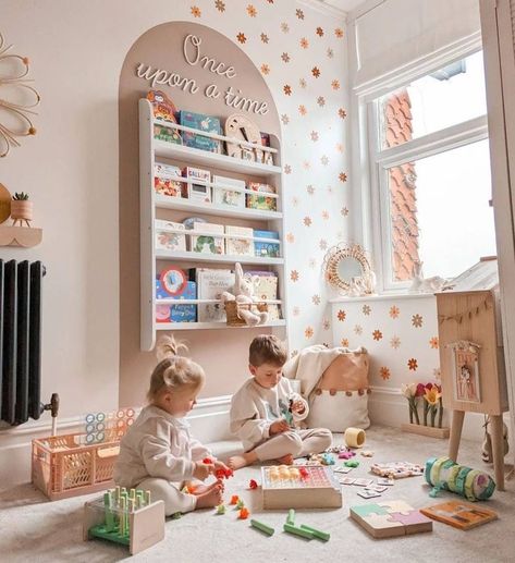 Play Room Baby Ideas, Playroom For Multiple Ages, Pink Modern Nursery, Kids Bedroom With Play Area, Baby Girl Toddler Room, Playroom Inspiration For Kids, Toddlers Bedroom Girl, Play Room Girls Kids, Playroom Mural Ideas Diy