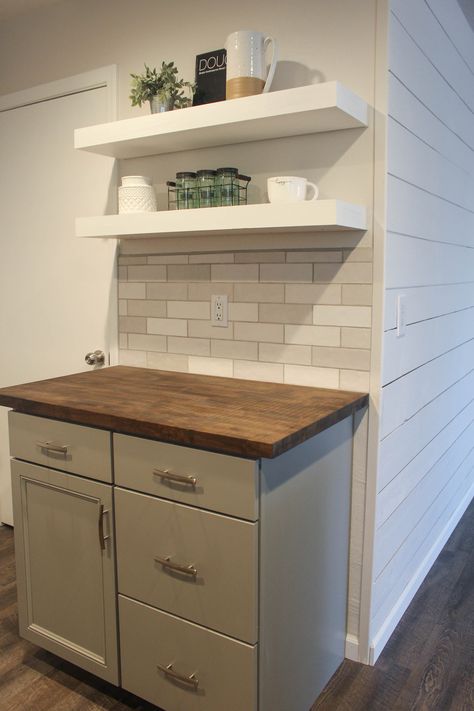 Backsplash With White Cabinets And Butcher Block, Butcher Block With Grey Cabinets, Butcher Block Countertops Bar, Coffee Bar Butcher Block, Kitchen Backsplash With White Cabinets And Butcher Block Counters, Coffee Bar With Butcher Block, Butcher Block Coffee Bar, Grey Cabinets With Butcher Block Counter, Gray Cabinets With Butcher Block Counter