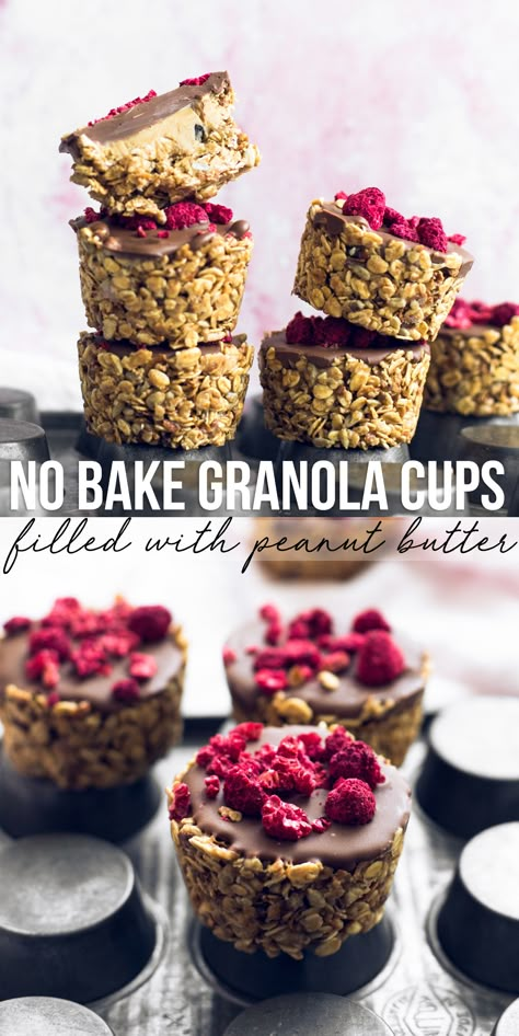 Cups Desserts, No Bake Granola, Granola Cups, New Year's Desserts, Vegan Granola, Homemade Snickers, Baked Granola, Eggless Desserts, Vegan Party