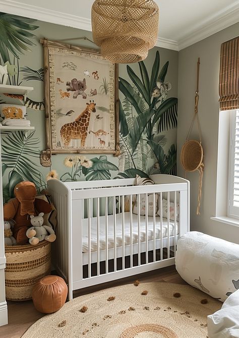 Explore 24 adorable safari nursery ideas to create a jungle-themed haven for your little one! 🦁🌿 From cute animal prints to lush greenery and playful accents, get inspired to design a space that’s both fun and cozy. #SafariNursery #NurseryDecor #BabyRoomIdeas #JungleTheme Jungle Wallpaper Nursery, Jungle Theme Nursery Girl, Safari Nursery Paint Colors, Baby Boy Nursery Animals, Animal Theme Nursery Boy, Jungle Theme Nursery For Boys, Baby Jungle Room, Green Jungle Nursery, Vintage Safari Nursery