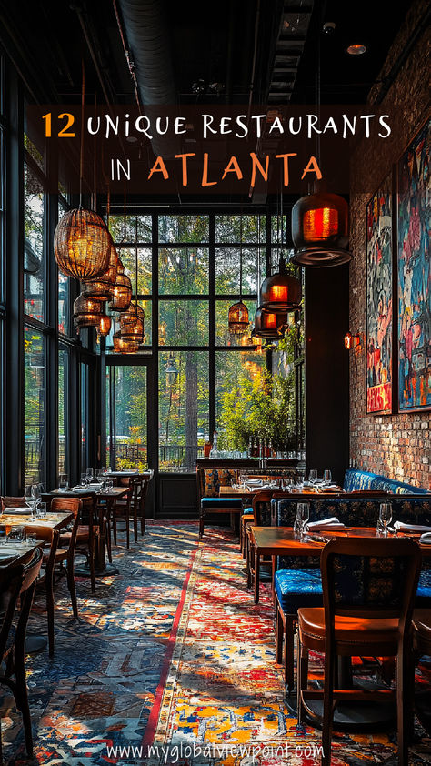 A stylish Atlanta restaurant featuring colorful, patterned rugs, modern wooden furniture, large glass windows overlooking greenery, and warm pendant lighting for a cozy yet sophisticated atmosphere. Atlanta Restaurants Best, Atlanta Georgia Food, Buckhead Atlanta Restaurants, Atlanta Georgia Restaurants, Unique Restaurant Interior, Atl Restaurants, Cool Restaurants, Atlanta Downtown, Atlanta Midtown