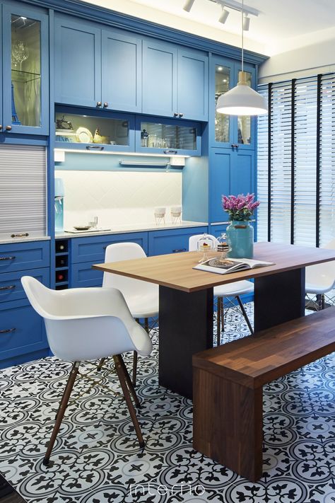 A Peranakan modern kitchen in Yishun. Peranakan Interior, Teal Cabinets, Blue Kitchen Designs, Flat Interior, Kitchen Floor Tile, Blue Kitchens, Small Details, Kitchen Designs, Interior Ideas