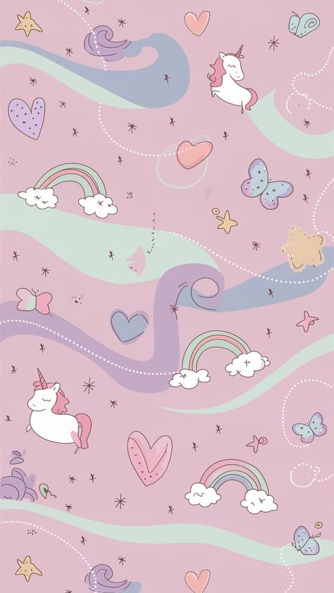 Immerse yourself in the enchanting world of 'Whimsical Dreamland: Pastel Pink Wonderland'. This dreamy wallpaper features a soft, delicate pink backdrop adorned with whimsical elements like cute hearts, gentle stars, and playful butterflies. Complementary pastel shades of lavender, mint green, and baby blue form subtle, flowing patterns of waves and curls, creating a serene and magical ambiance. Charming accents such as cartoon unicorns, rainbows, and fairy wands are tastefully scattered throughout, adding a touch of enchantment. Perfect for creating a dreamy, feminine space that exudes youthful joy and light-hearted charm. Wallpaper Rosas, Dreamy Wallpaper, Feminine Space, Wallpaper Unicorn, Pink Wonderland, Cute Hearts, Fabric Print Design, Pink Backdrop, Unicorn Wallpaper