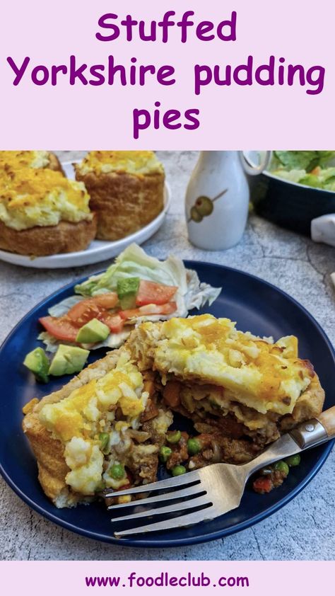 A close up of a stuffed Yorkshire pudding pie on a blue plate, cut open to show the inside filling. Stuffed Yorkshire Pudding, Yorkshire Pudding Dinner, Homemade Bolognese Sauce, Savoury Mince, Homemade Bolognese, Recipe Conversions, Cheese Mashed Potatoes, Yorkshire Pudding Recipes, Family Supper