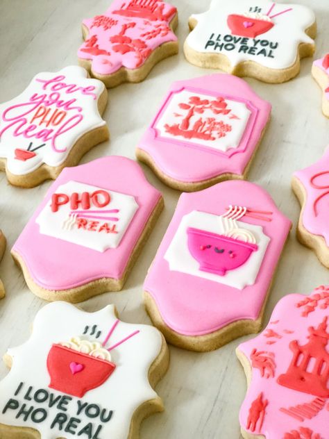 supper club love you pho real galentines day cookies Pho Birthday Party, Pho Themed Party, Pho Party, Engagement Party Planning, Pho Recipe, Party Drinks Alcohol, Fun Party Themes, Galentines Party, Sugar Cookie Designs