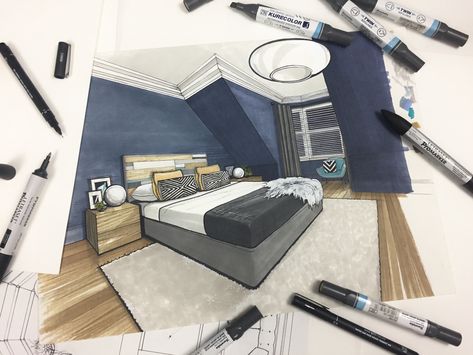 Interior design rendering of master bedroom using pro marker. Interior Architecture Sketch, Interior Sketches, Interior Design Sketchbook, Furniture Design Sketches, Bedroom Drawing, Interior Design Renderings, Drawing Interior, Interior Architecture Drawing, Interior Design Drawings