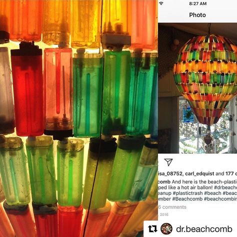 What a beautiful use for expired lighters found on the beaches of the big island.  #scraphumboldt #creativereuse #nonprofit #creativereusecenter #scrapusa #arcata #humboldt #SCRAP #whatwillyoumakeofit  @dr.beachcomb  Both 'incredible...and sad' (as one FB beachcomber put it). Reprising an old post on beach plastic and one of the most creative items I have ever seen made from beach plastic - a balloon-shaped hanging lamp - created by beachcomber Noni with the hundreds of plastic lighter cases she Bic Lighter Crafts Diy, Lighter Art, Creative Items, Lighter Collection, Beach Artist, Bic Lighter, Collection Ideas, Simple Crafts, Plastic Lights