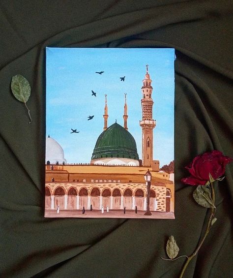 🥀 Masjid E Nabwi Painting, Masjid Painting Islamic Art, Makkah Madina Painting, Makkah Painting On Canvas, Madina Painting Islamic Art, Islamic Acrylic Painting, Islamic Painting Ideas, Madina Painting, Masjid Art