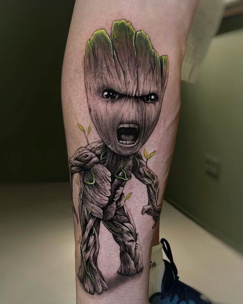 Nm Tattoo, Baby Groot Tattoo, Groot Tattoo, Geometric Tattoo Leg, Rocket Tattoo, Tattoo Disney, Groot Marvel, Tattoo Leg, Temecula California