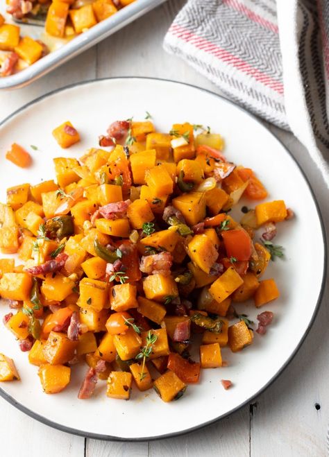 An easy recipe for Sweet Potato Hash Browns (A.K.A. Potatoes O'Brien) #potatoesobrien #sweetpotatoesobrien #sweetpotatohash #sweetpotatohashbrowns #roastedsweetpotatoes #aspicyperspective Potatoes O Brien, Sweet Potato Hash Recipe, Sweet Potato Breakfast Hash, Sweet Potato Hash Browns, Potato Hash Recipe, Cubed Sweet Potatoes, Hash Recipe, A Spicy Perspective, Hashbrown Recipes