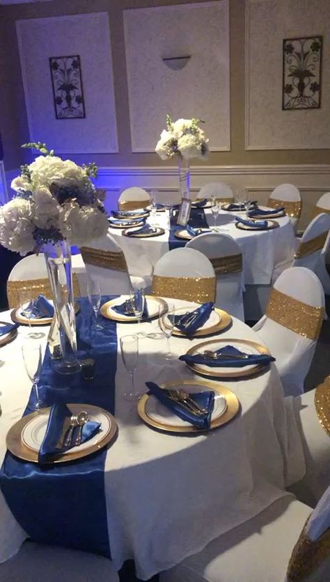 Wedding [Video] | Blue themed wedding, Blue gold wedding, Navy blue and gold wedding Navy Blue And Gold Wedding Reception, Royal Blue Reception Decorations, Quince Decorations Blue And Gold, Navy Blue And Gold Quinceanera Ideas, Blue And Gold Birthday Theme, Royal Blue Quince Decorations, Royal Blue And Gold Wedding Decorations, Navy Blue And Gold Wedding Theme, Navy Blue Quinceanera Decorations